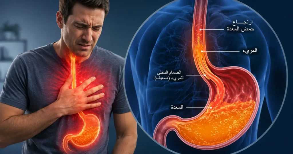 رسم طبي ثلاثي الأبعاد يوضح ارتجاع المريء وصعود حمض المعدة إلى المريء مسببًا حرقان الصدر.