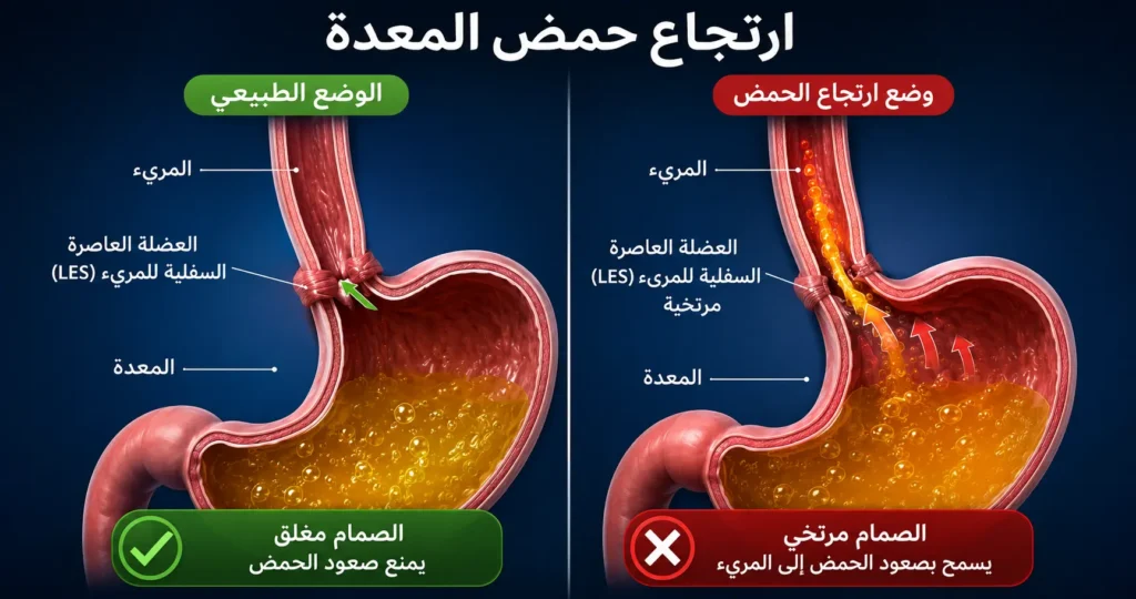 مقارنة بين الوضع الطبيعي وارتجاع المريء