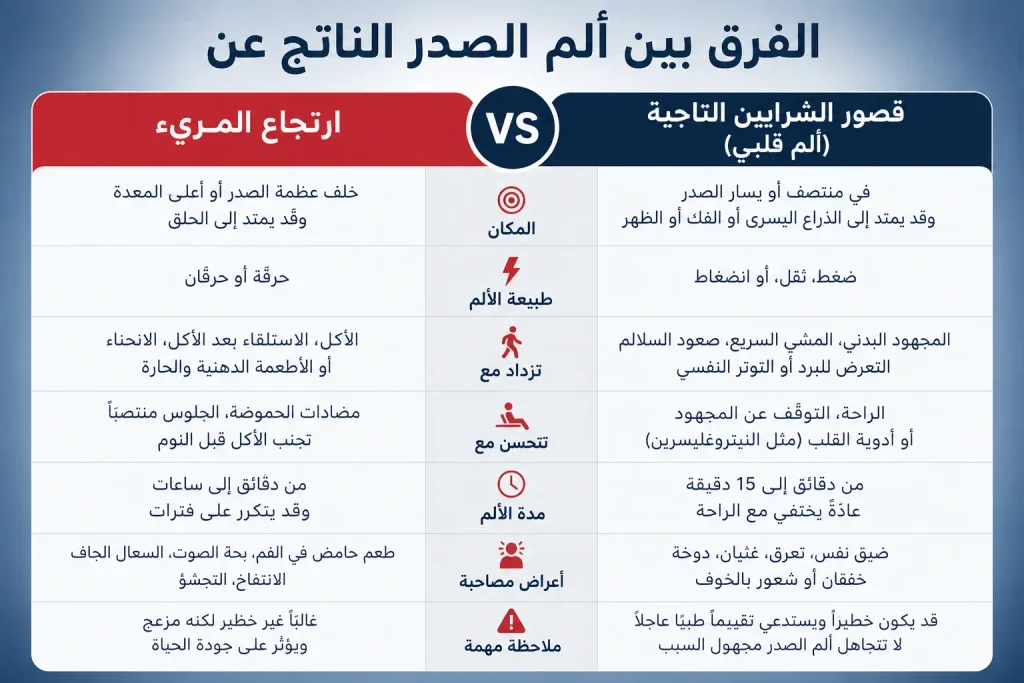جدول مقارنة يوضح هل ارتجاع المرىء يسبب ألم بالصدر والظهر أم نوبة قلبيةالعنوان التوضيحي